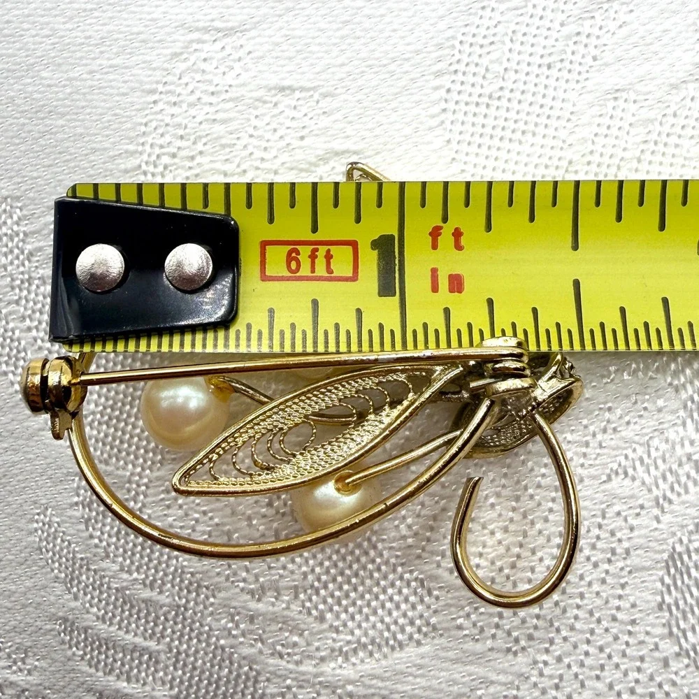 Vintage Filigree Brooch Flower Bouquet Wire Gilded Metal Wire w/ Faux Pearls
